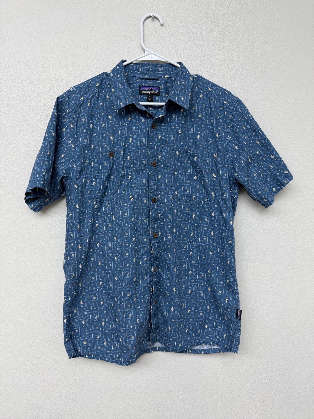 Patagonia Back Step Shirt Mens Small Blue Geometric Hemp Organic Cotton Blend